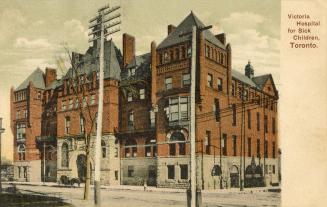 Colorized picture of a large, Victorian hospital building.