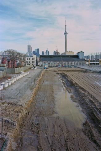 A photograph of a muddy field surrounded by houses on two sides, with skyscrapers and the CN To ...