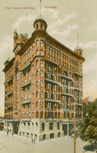 Colorized photograph of a large Victorian office building.