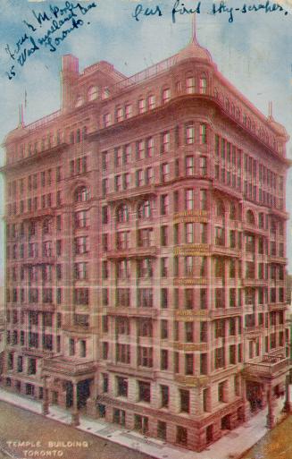 Colorized photograph of a large, Victorian office building.