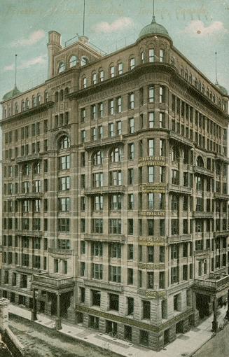 Colorized photograph of a large, Victorian building.
