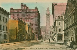 Colorized photograph of a downtown street showing large government and office buildings.