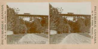Pictures show a streetcar stopped on a bridge crossing a dirt path.
