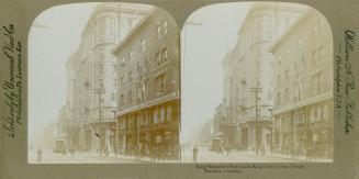 Pictures show the corner of am eight story, Edwardian hotel and a busy city street.