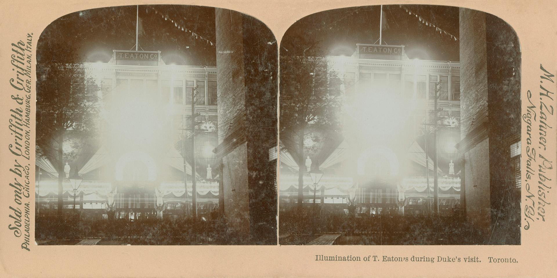 Pictures show bright lights in front of a large department store.