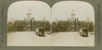 Pictures show a large Victorian school building with a center tower. A streetcar is approaching ...