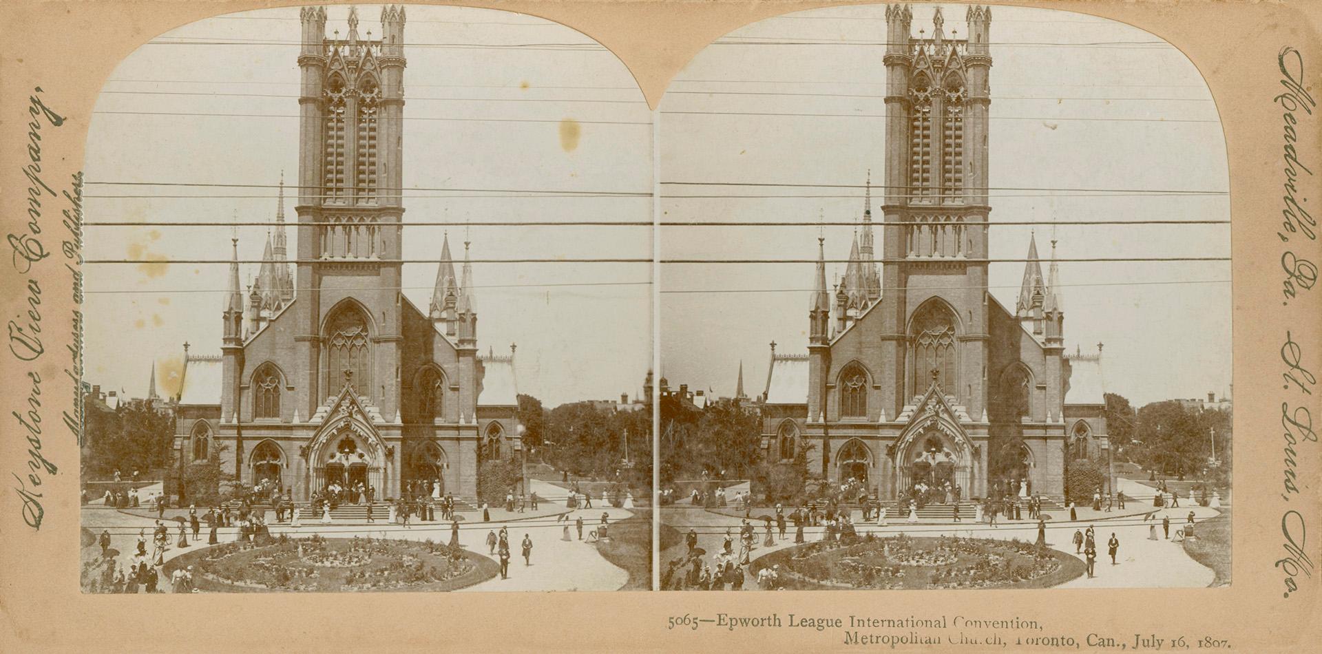 Pictures show the outside of a large, Neo-Gothic style church in a city.