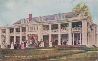 Colorized photograph of a three story building with a large veranda in front. Many people outsi ...