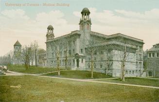 Colorized photograph of a large building with two towers and and a vast front lawn.