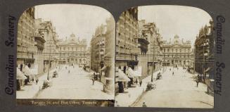 Pictures show a street scene in a large city.