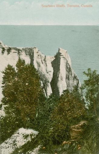 Colorized photograph of a lake, white cliffs and trees.