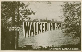 Black and white picture of a city skyline. &quot;Everybody likes the Walker House in letters su ...
