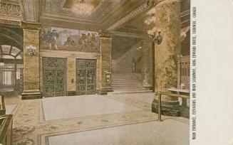 A colorized photograph of a hotel lobby with an elevator and stairwell.
