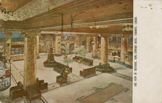 Colorized photograph of an interior rotunda of a large, lavish building.