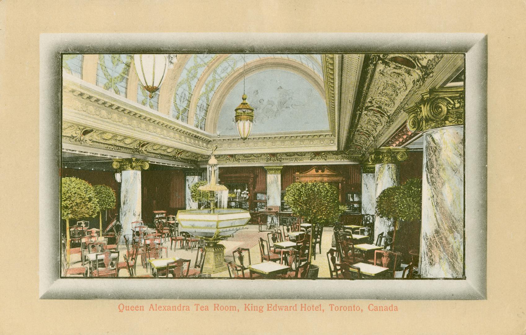 Colorized photograph of a lavish dining room with pillars and a fountain in the middle of it.