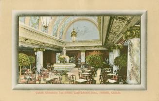 Colorized photograph of a lavish dining room with pillars and a fountain in the middle of it.