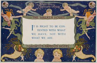 Drawing of cherubs flying while holding onto a banner saying, "It's right to be contented …