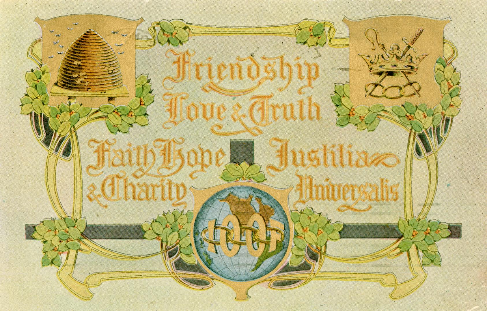 Drawing of a scroll with symbols of a beehive and a crown. "Friendship Love &amp; Faith.&q…