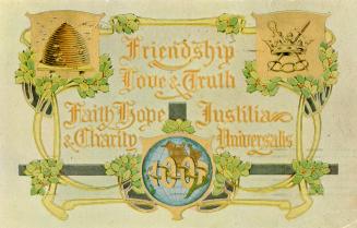 Drawing of a scroll with symbols of a beehive and a crown. &quot;Friendship Love &amp; Faith.&q ...