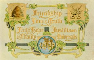 Drawing of a scroll with symbols of a beehive and a crown. "Friendship Love &amp; Faith.&q…