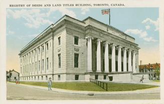 Colorized photograph of a very large public building; Roman Classical style with eight columns  ...