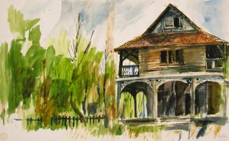 A watercolour painting of an abandoned building, with trees and a fence nearby.
