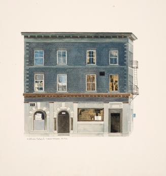 A painting of a three story hotel, with three doors on the ground floor and a fire escape on th ...