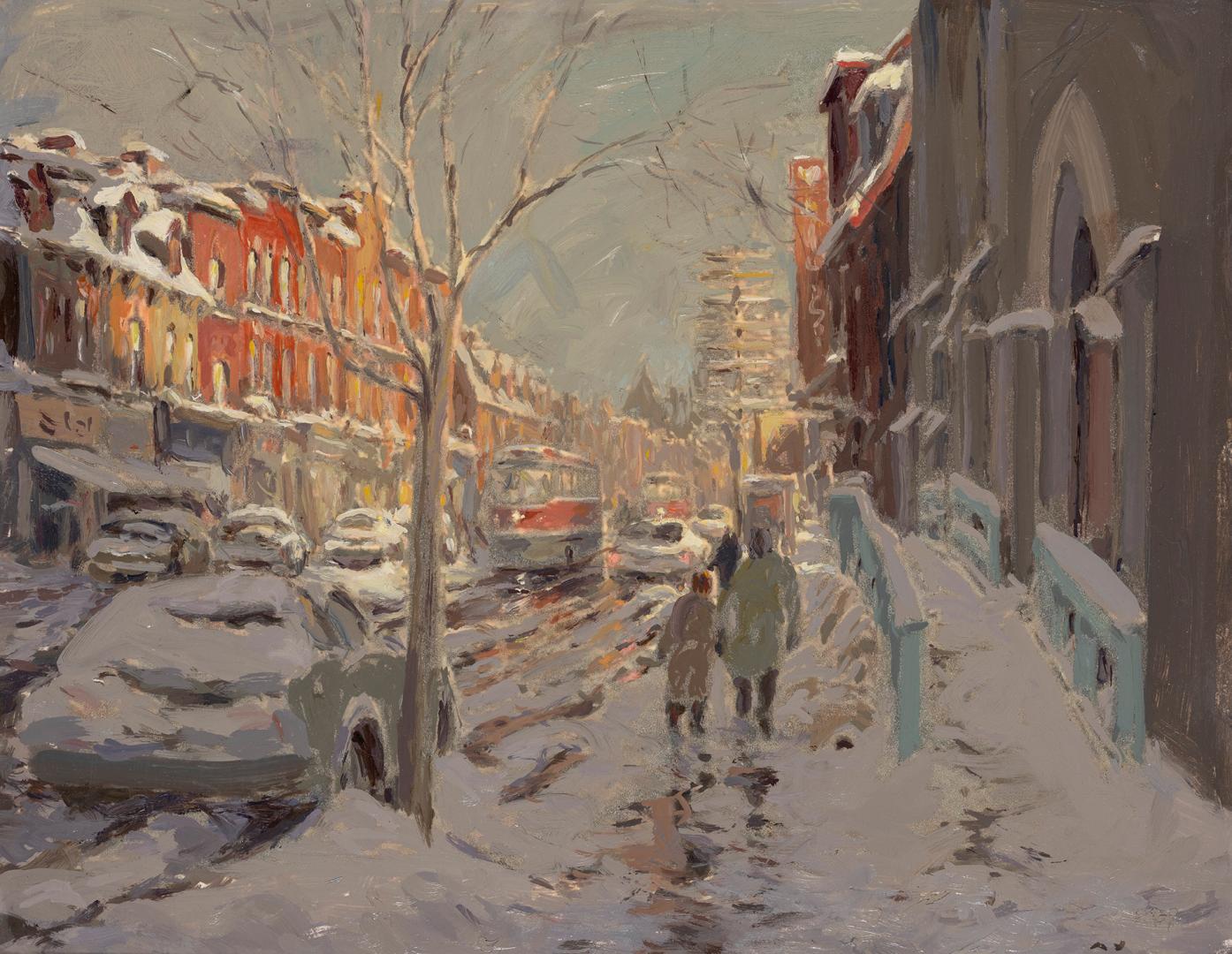A painting of a wintery street scene, with people on the sidewalk and a streetcar passing on th…