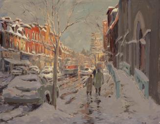 A painting of a wintery street scene, with people on the sidewalk and a streetcar passing on th…