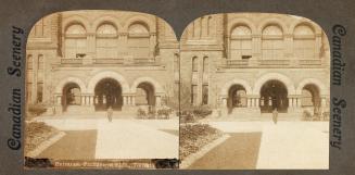 Pictures show a three arched entrance to a Romanesque building.