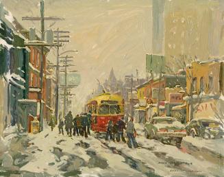 A painting of a wintery streetscape, with a car and a streetcar driving through a snow-covered …
