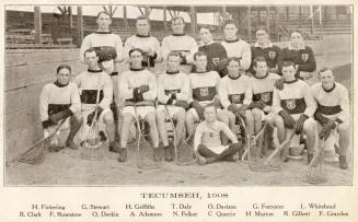 Black and white photograph of a lacrosse team in uniforms. Names are given at the bottom of the ...