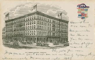 Black and white drawing of an elegant five story hotel taken from a corner angle.