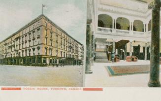 Two colorized photographs; the inside lobby and the outside corner of a five story hotel.