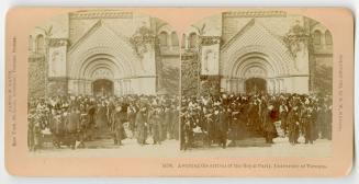 Pictures show a large group of students in caps and gowns standing in front of an elaborate doo ...