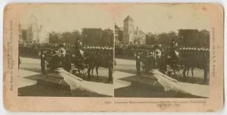 Pictures show a woman in a carriage with a loud crowd of people behind her. University building ...