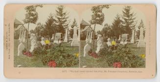 Pictures show two people sitting on a park bench amongst gravestones.