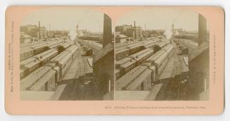 Pictures show dozens of railroad cars lined up on tracks at a train station.