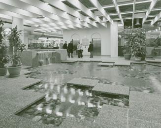 Picture of pond and water fountain in the lobby of library with people waiting for elevators in ...