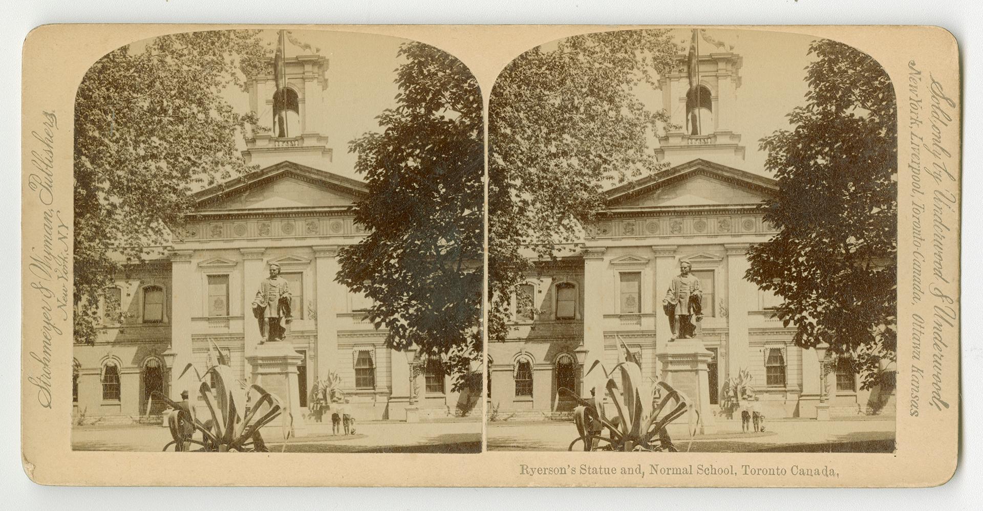 Pictures show a statue in front of a two story collegial building.