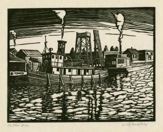 A woodcut print of a tugboat docked on a river. There is smoke or steam emerging from the tugbo ...