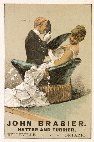 Colour card advertisement. Front of card depicts an illustration of a woman and man sitting, fa ...