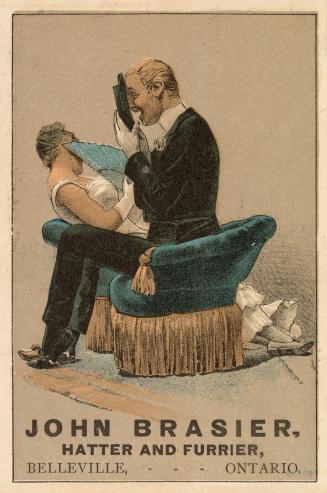 Colour card advertisement. Front of card depicts an illustration of a woman and man sitting, fa ...