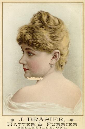 Colour card advertising "J. Braiser, Hatter &amp; Furrier". Front of card depicts an …