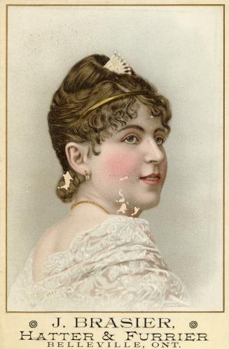 Colour card advertising "J. Braiser, Hatter &amp; Furrier". Front of card depicts an …