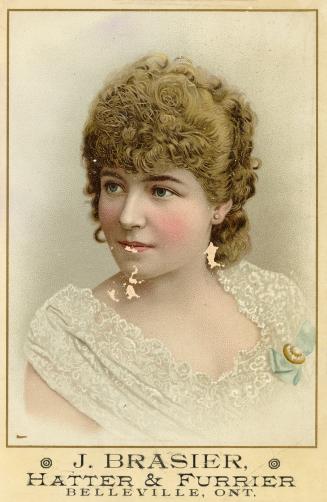 Colour card advertising "J. Braiser, Hatter &amp; Furrier". Front of card depicts an …