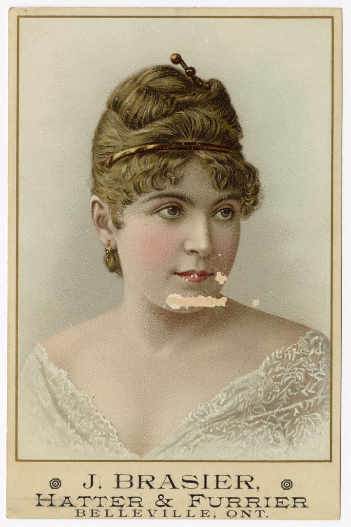 Colour card advertising "J. Braiser, Hatter &amp; Furrier". Front of card depicts an …