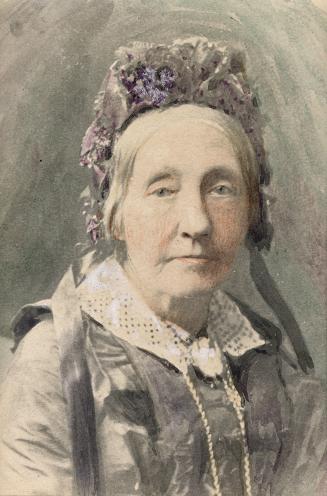A watercolour portrait of an older woman looking directly at the viewer.
