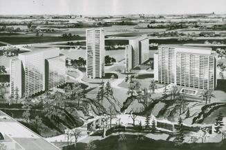 Photograph of an architectural rendering of apartments planned for Flemingdon Park (black and w ...