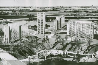 Photograph of an architectural rendering of apartments planned for Flemingdon Park (black and w…